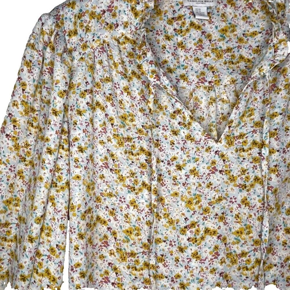 Carolina Belle Floral Blue Peasant Blouse Tie Neck Flowy Womens 2X Plus Summer - Picture 2 of 7